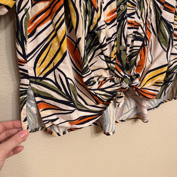 Zac & Rachel Linen Blend Tropical Print Button Front Blouse Large Boxy Casual - Picture 5 of 10